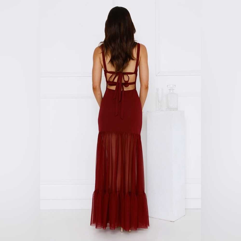Hello Molly Chic Whispers Burgundy Maxi Dress Size M Formal Mesh Backless - Picture 2 of 5